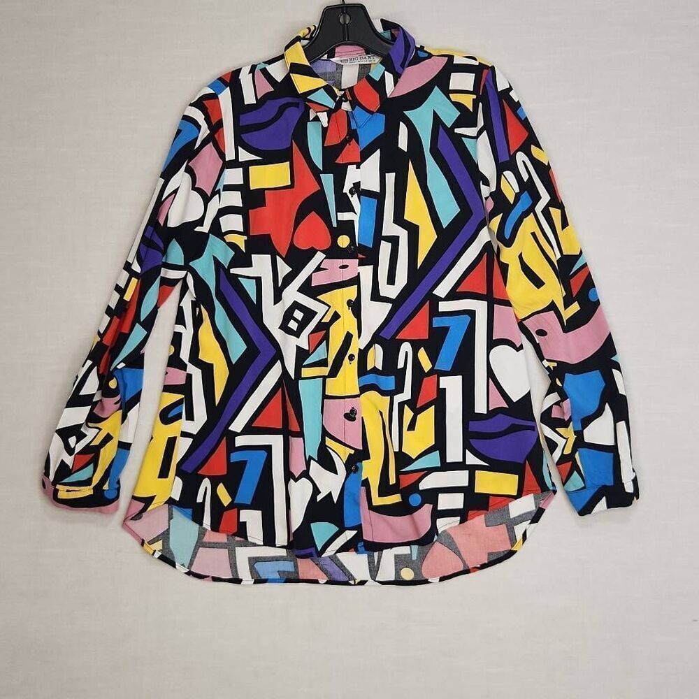 VTG Big Dart Geometric Art Print Button Down Long Sleeve Shirt Multicolor US 10